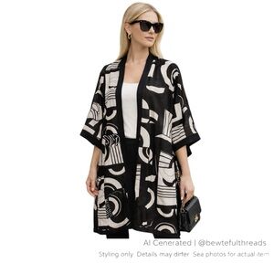 Karl Lagerfeld Paris Graphic Cameo Kimono Duster Black White One Size